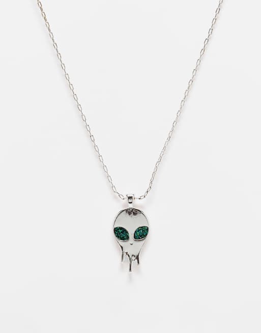 WFTW - Cyberspace - Collana color argento con ciondolo a forma di alieno con cristalli
