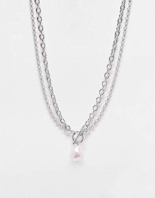 WFTW double row T bar chain and pearl necklace in silver