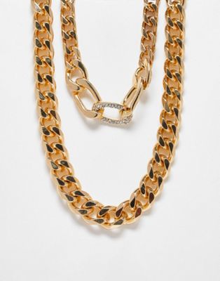 WFTW layered curb chain necklace with crystal link in gold