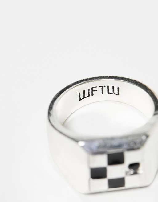 WFTW Leisure Club check signet ring in silver | ASOS