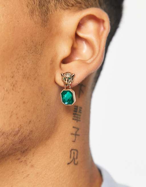 WFTW leopard stud drop earrings with green stone in gold