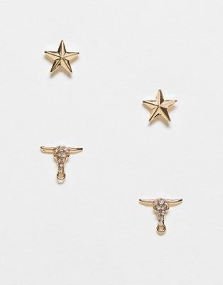 WFTW crystal earring set with star and ramshead studs in gold - ASOS Price Checker