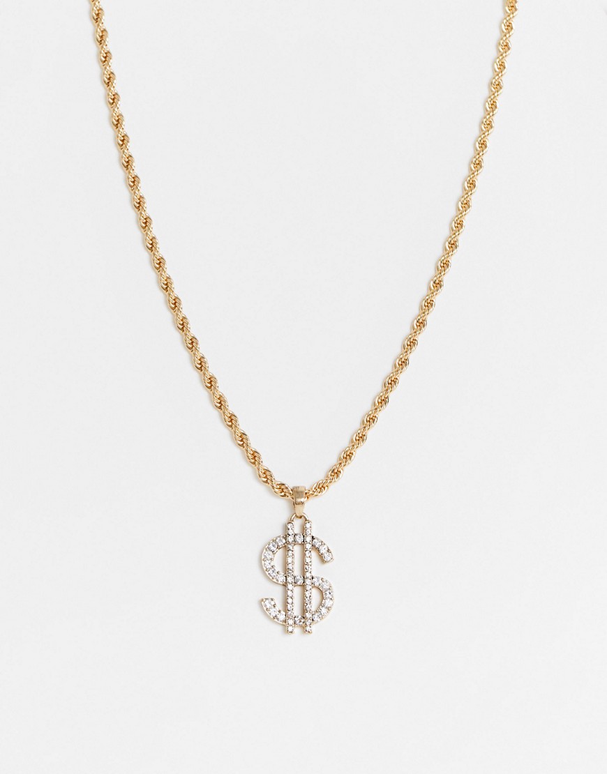 WFTW neckchain in gold with diamante dollar sign pendant