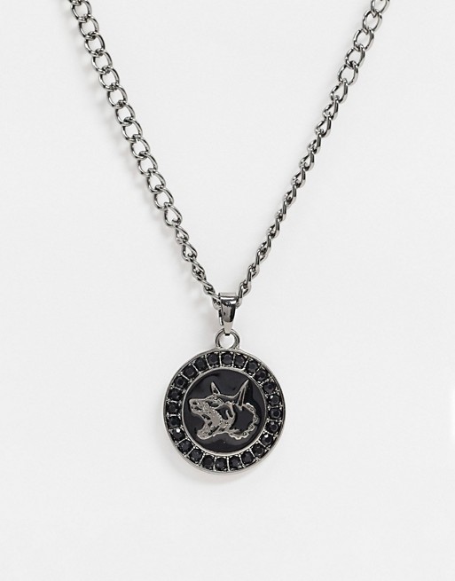 WFTW neckchain in gunmetal with doberman design pendant and stone detail