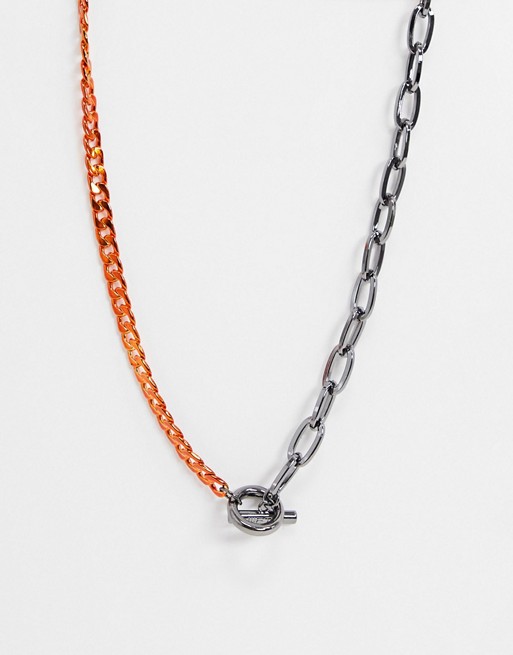 WFTW neckchain with mixed chains in gunmetal and orange