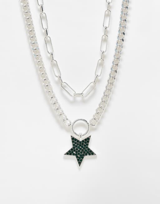 WFTW - Pop Punk - Collier double rang avec pendentif étoile vert - Argenté