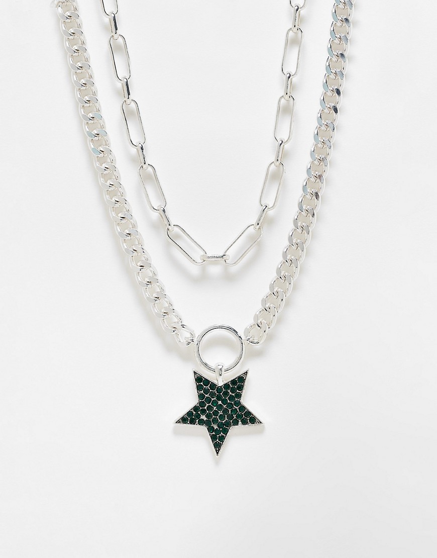wftw - pop punk - silverfärgat dubbelt halsband med grönt stjärnhänge