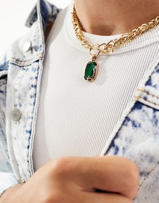 WFTW Rogue chunky necklace with green crystal pendant in gold