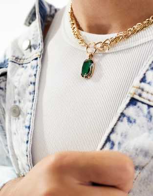 WFTW Rogue chunky necklace with green crystal pendant in gold - ASOS Price Checker