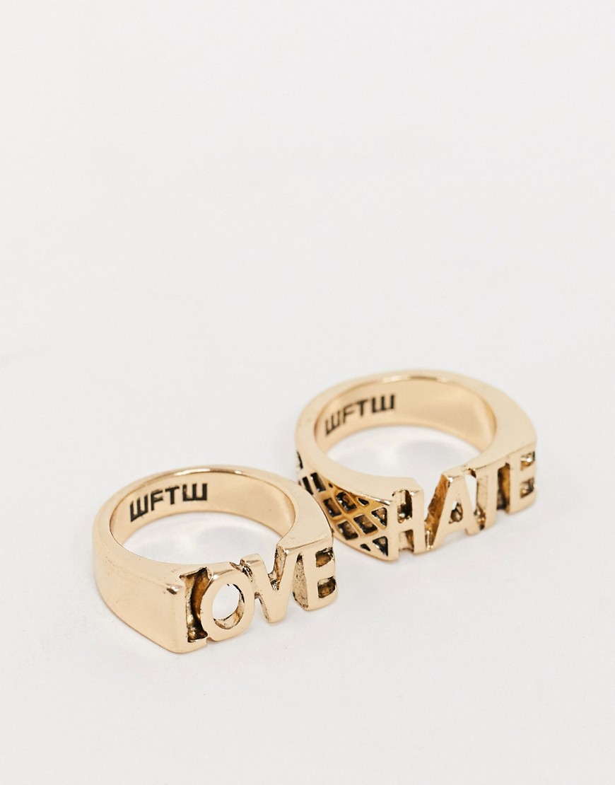 WFTW – Set med guldfärgade ringar med texten Love och Hate