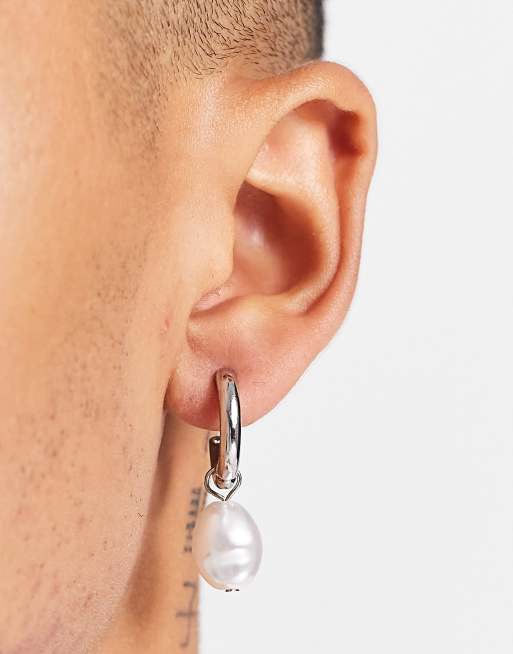 WFTW - Set van oorknopje en oorring met parelhanger in zilver