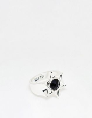 WFTW sheriffs star signet ring with black stone in silver