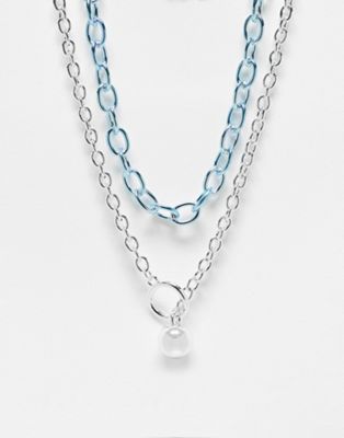 WFTW sphere pearl contrast double chain necklace in blue and silver
