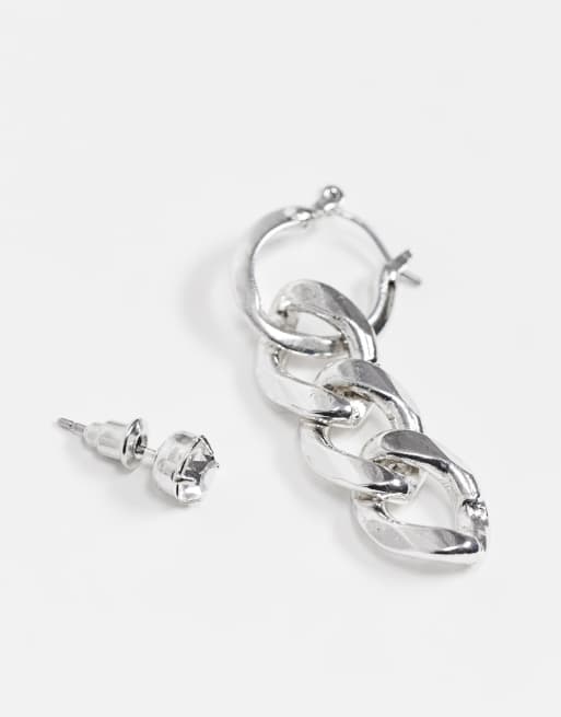 WFTW stud and hoop earring in silver with chain charm, 2 of 4