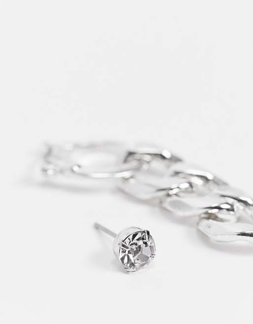 WFTW stud and hoop earring in silver with chain charm, 3 of 4