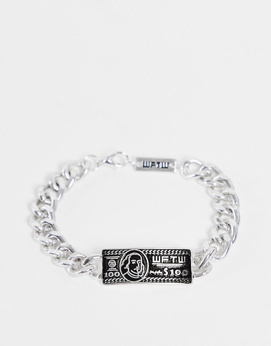 WFTW thick curb chain bracelet with dollar bill ID bar in silver