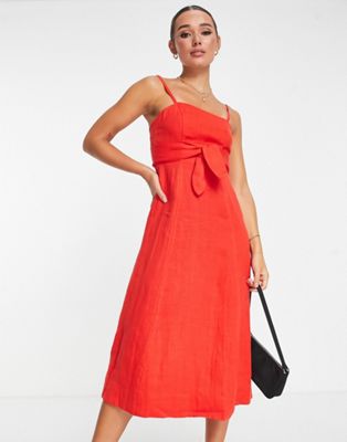 Whilstes linen tie front strappy midi dress in red