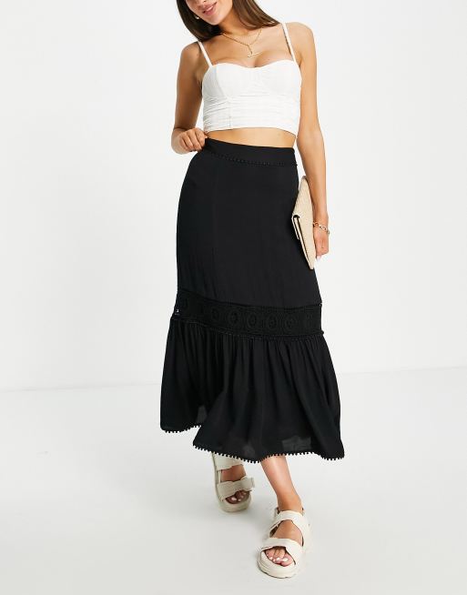 Whistles Ada crochet detail midi skirt in black | ASOS