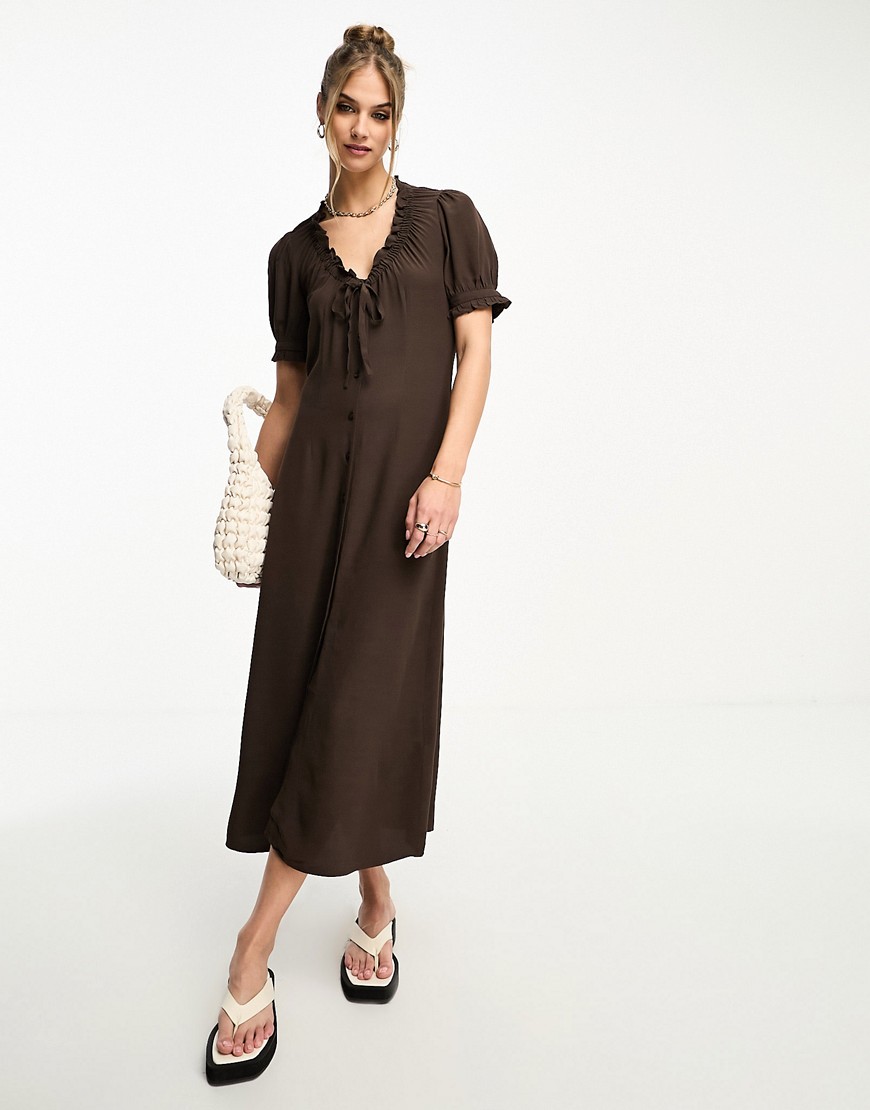 Whistles Ada ruched button front midi dress in brown