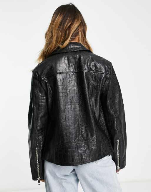 Whistles Adriana leather croc biker jacket in black ASOS