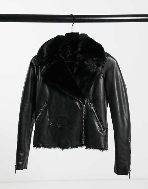 Whistles Agnes faux faur collar leather jacket in black