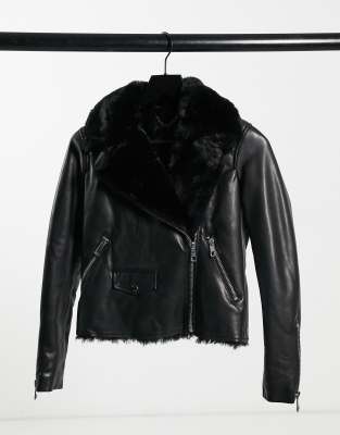 Whistles Agnes faux fur collar leather jacket in black ASOS