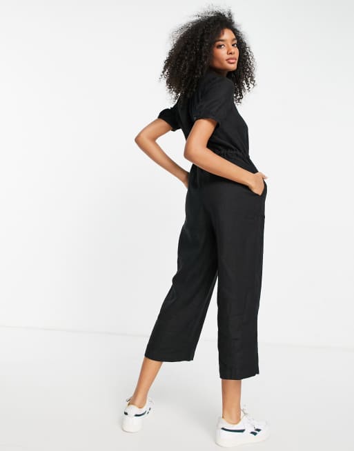 Whistles – Amee – Svart, avslappnad jumpsuit i linnetyg med knäppning, 3 av 4