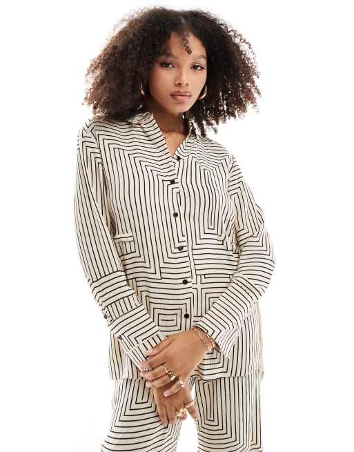 Whistles angled sleeve stripe shirt in ivory co-ord