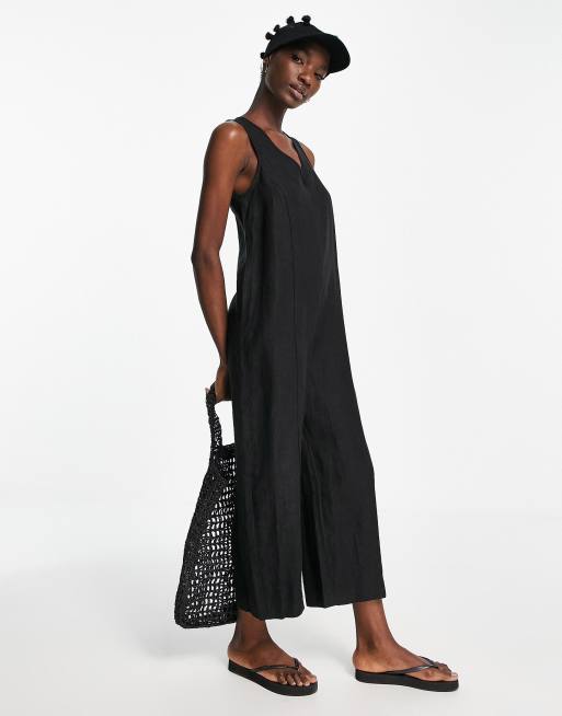 Whistles – Ärmelloser Leinen-Jumpsuit in Schwarz mit V-Ausschnitt