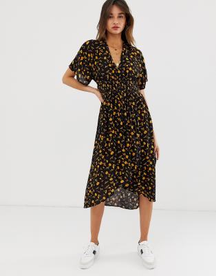 black floral wrap midi dress