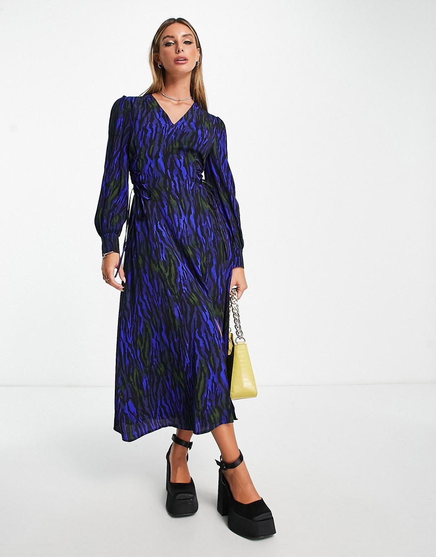 Whistles balloon sleeve midi dress with tie side in dark tiger print-Blue