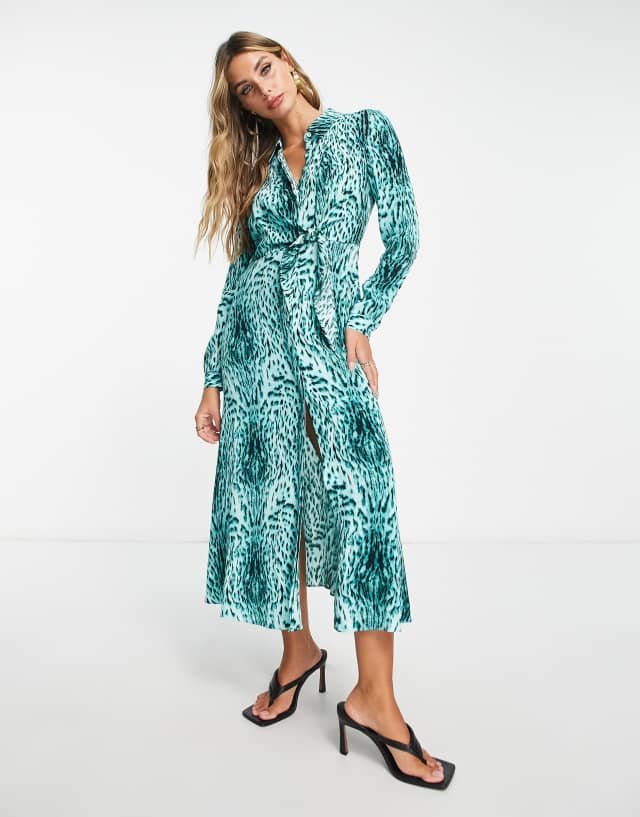 Whistles balloon sleeve midi dress with tie side in teal tiger print