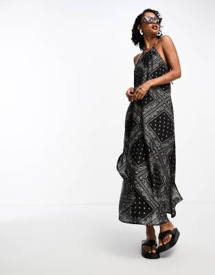 Free People polka dot lace detail satin slip dress in black