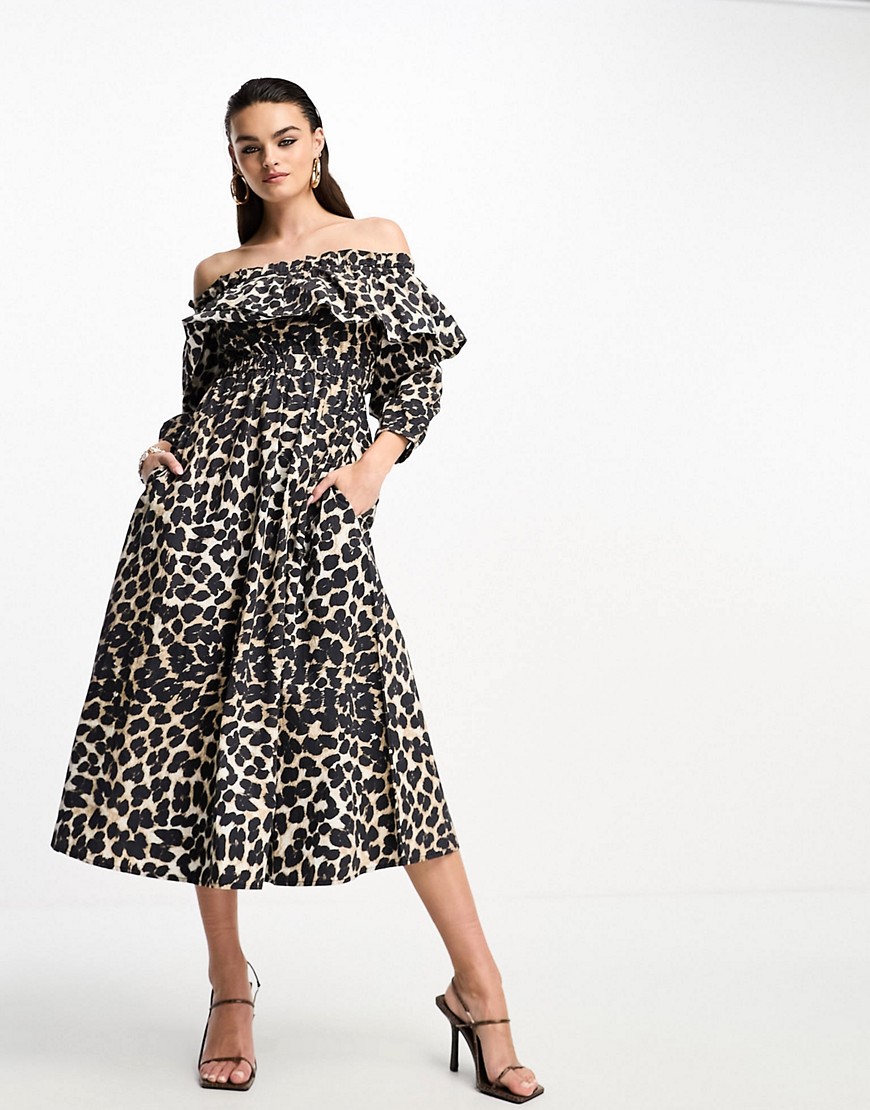 Whistles bardot midi dress in leopard spot-Multi