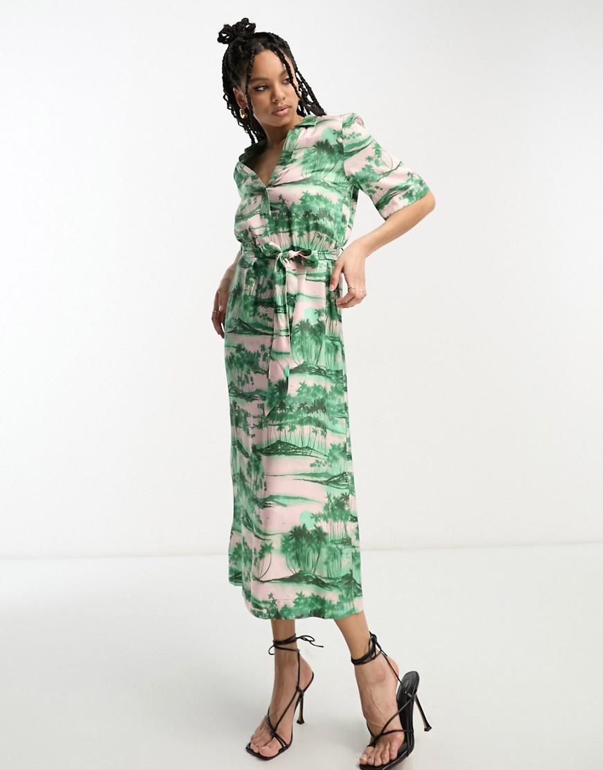 Whistles belted midi shirt dress in pink scenic print