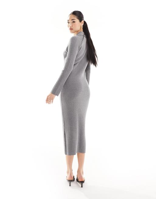 Whistles Bonnie zip ribbed knit midi dress in dark gray ASOS
