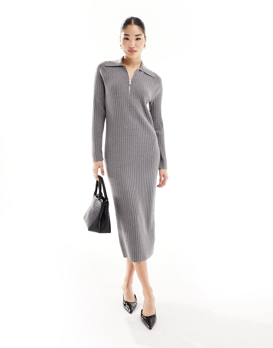 Whistles Bonnie zip ribbed knit midi dress in dark grey