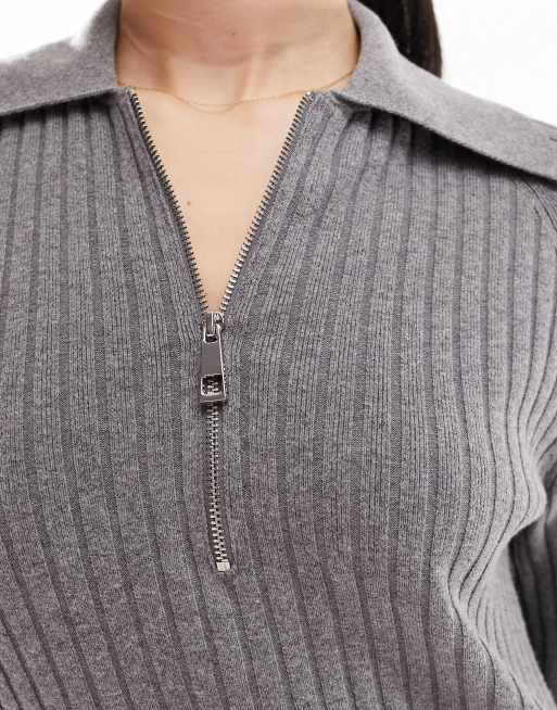 Whistles Bonnie zip ribbed knit midi dress in dark grey, 3 of 4