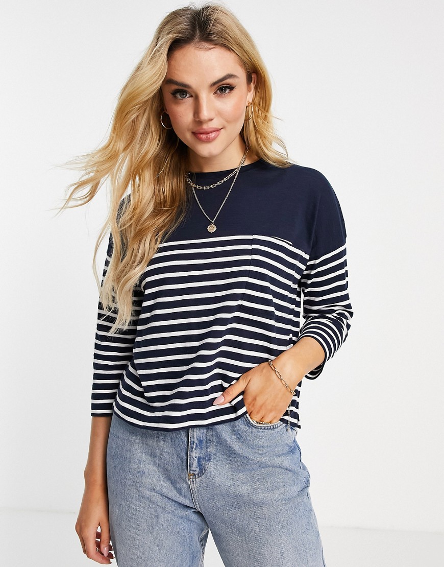 Whistles boxy knitted tshirt with pocket in blue and white stripes-Multi