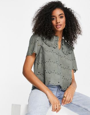 Whistles broderie blouse with oversized collar in khaki - ASOS Price Checker