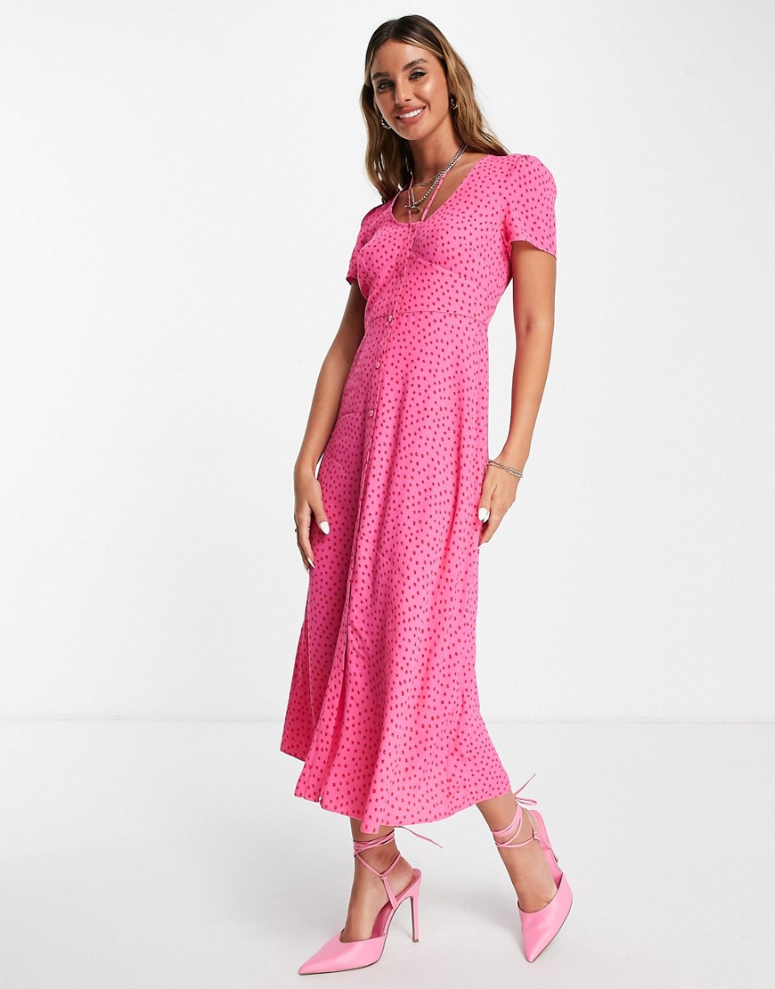 Whistles button front midi dress in pink dot