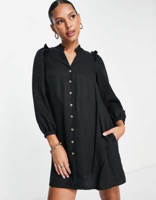 Whistles Whistles button front mini dress with shoulder detail in black