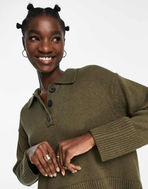 Whistles button front polo jumper in khaki | ASOS