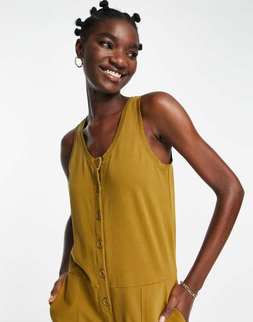 Whistles button front sleeveless jersey jumpsuit in khaki