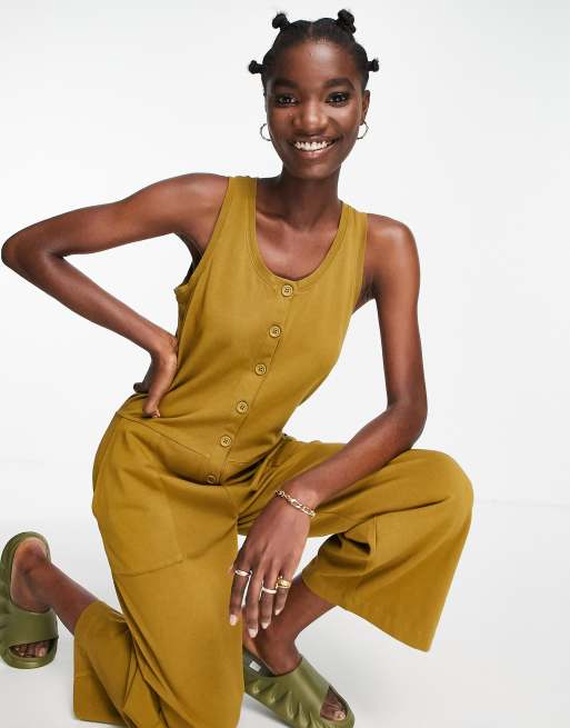 Whistles button front sleeveless jersey jumpsuit in khaki