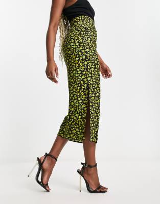 Whistles Button Side Midi Skirt In Yellow Floral