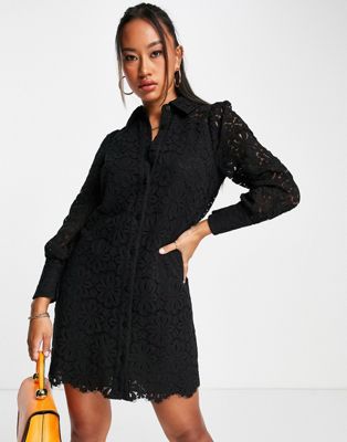 Whistles button up mini shirt dress in black lace - ASOS Price Checker