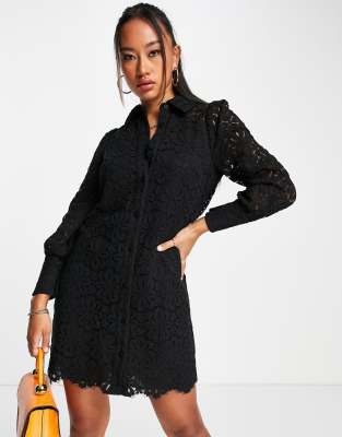 Whistles Button Up Mini Shirt Dress In Black Lace