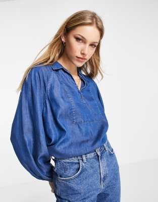 Whistles chambray longline shirt in blue