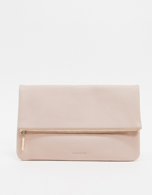 Whistles chapel foldover leather clutch bag in nude